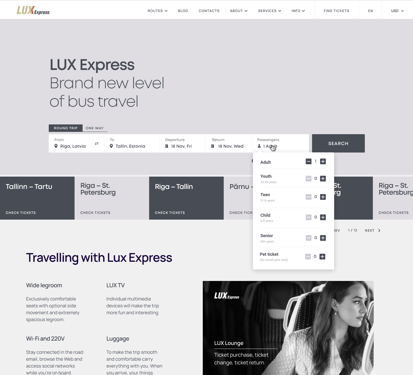 Grayscale variant of the search module with a simplified passenger-category list