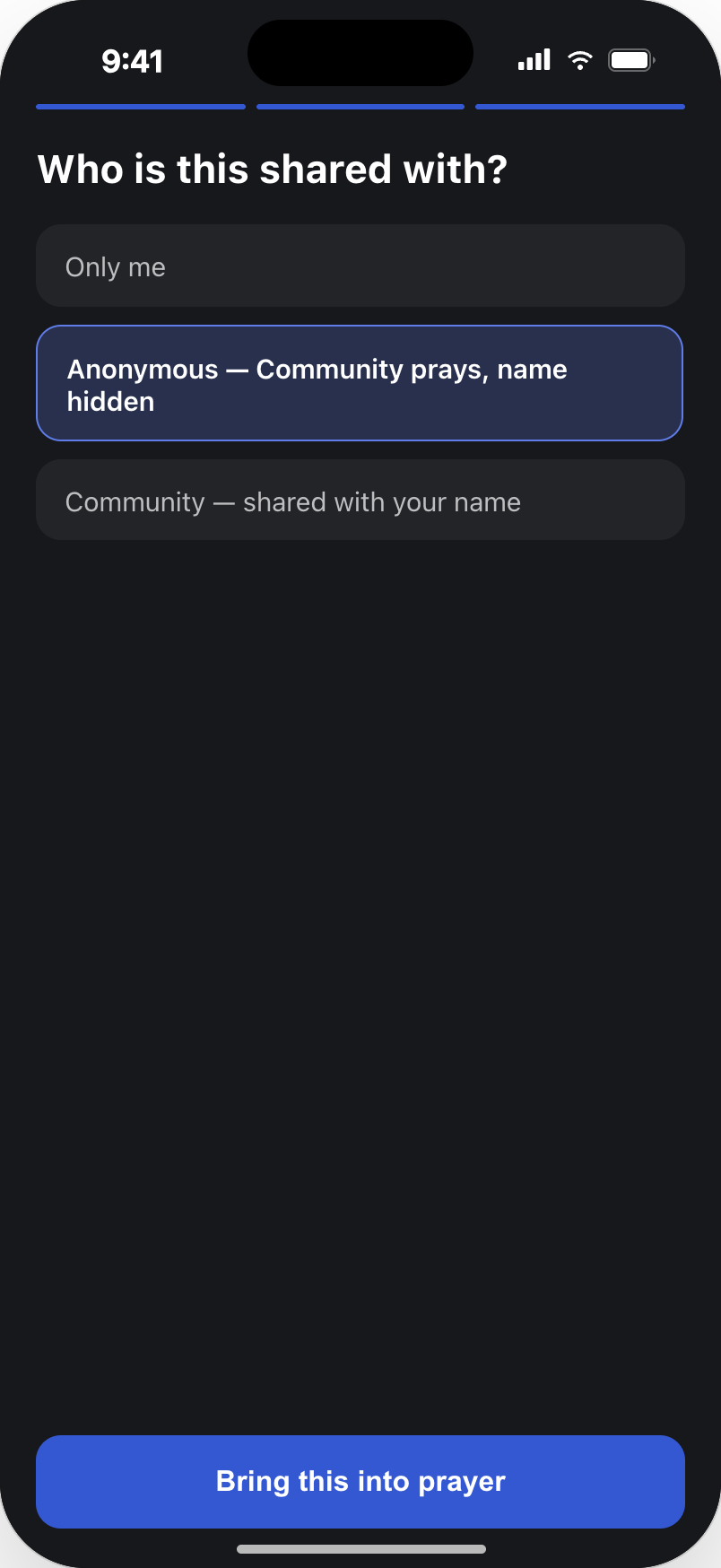 Privacy step choosing only me, anonymous or shared with your name