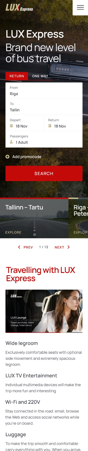 Mobile Lux Express home screen with return and one-way tabs, stacked search fields, promocode and search action