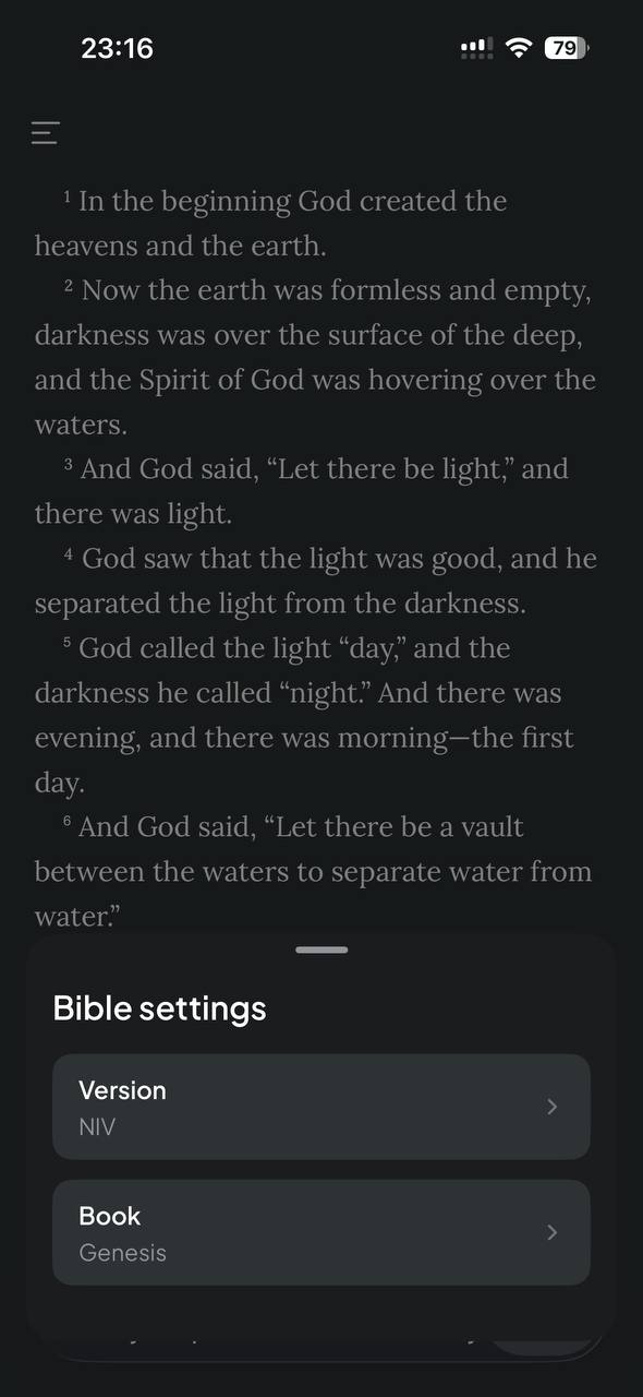 Bible settings sheet with version and book selection