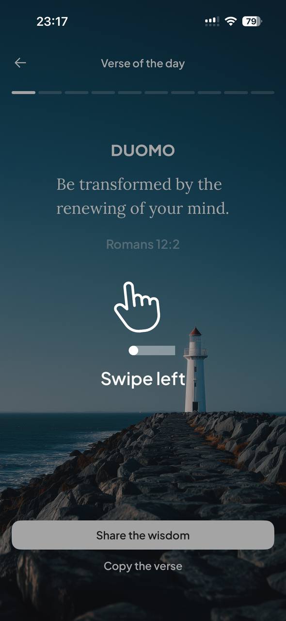 Verse of the day screen with a shareable Scripture card