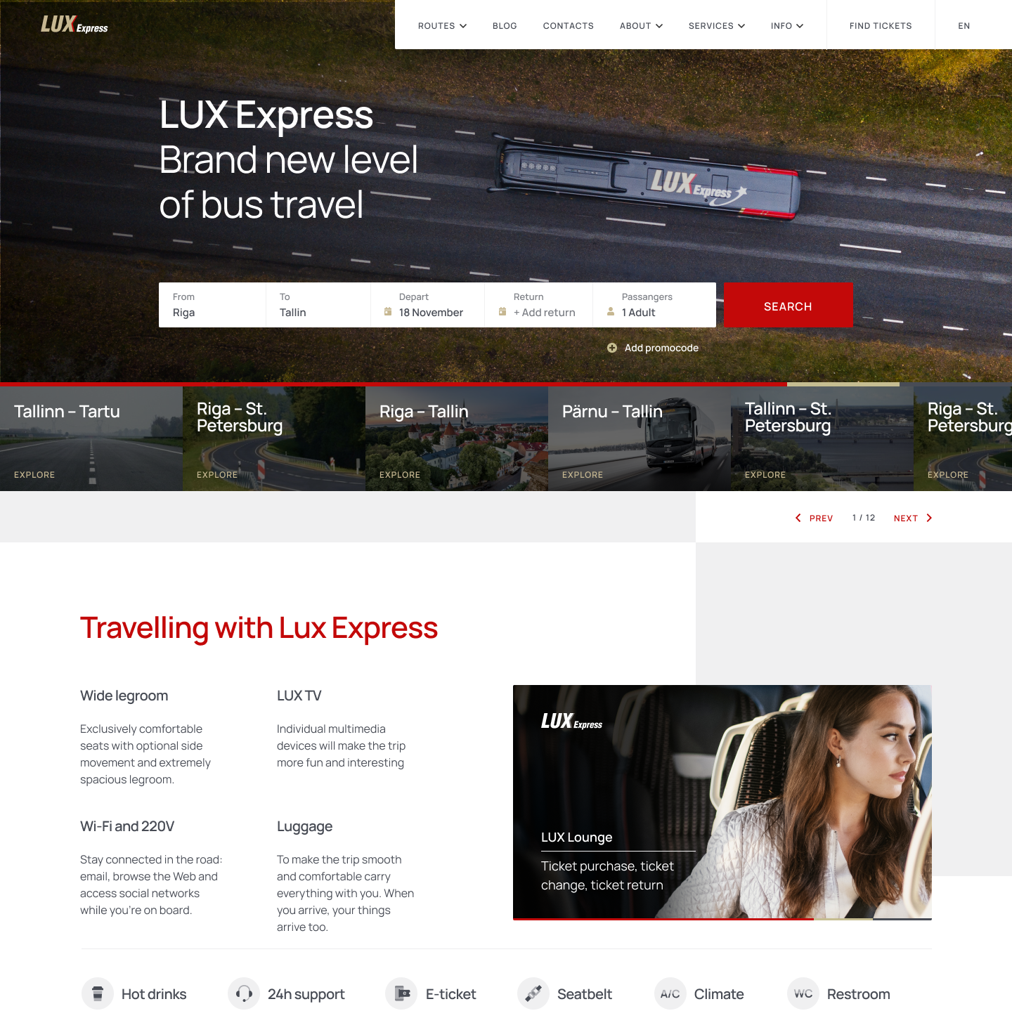 Lux Express website homepage with the ticket-search module over the route hero image
