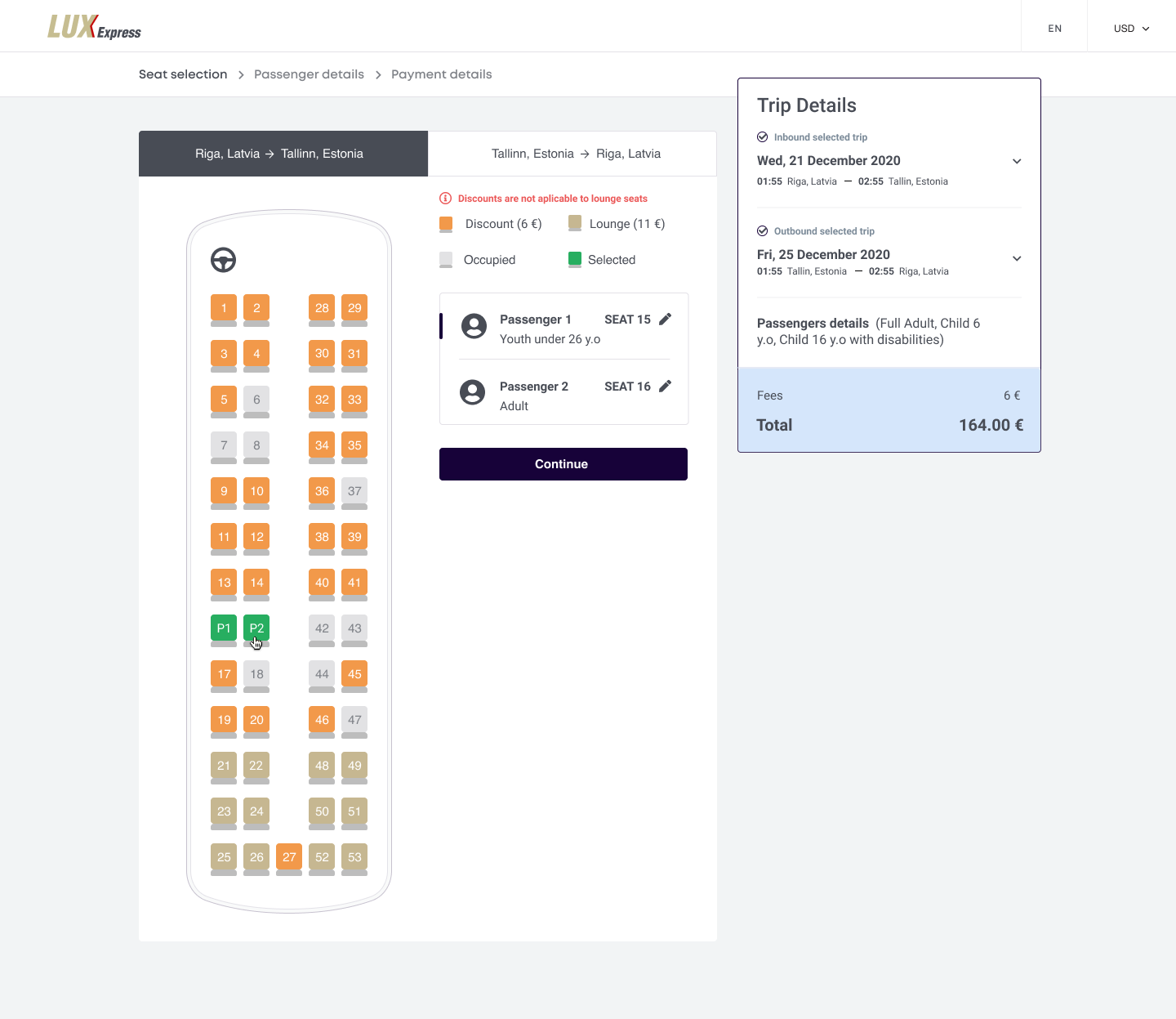 Desktop seat selection with discount, lounge, occupied and selected seat states and two passengers assigned