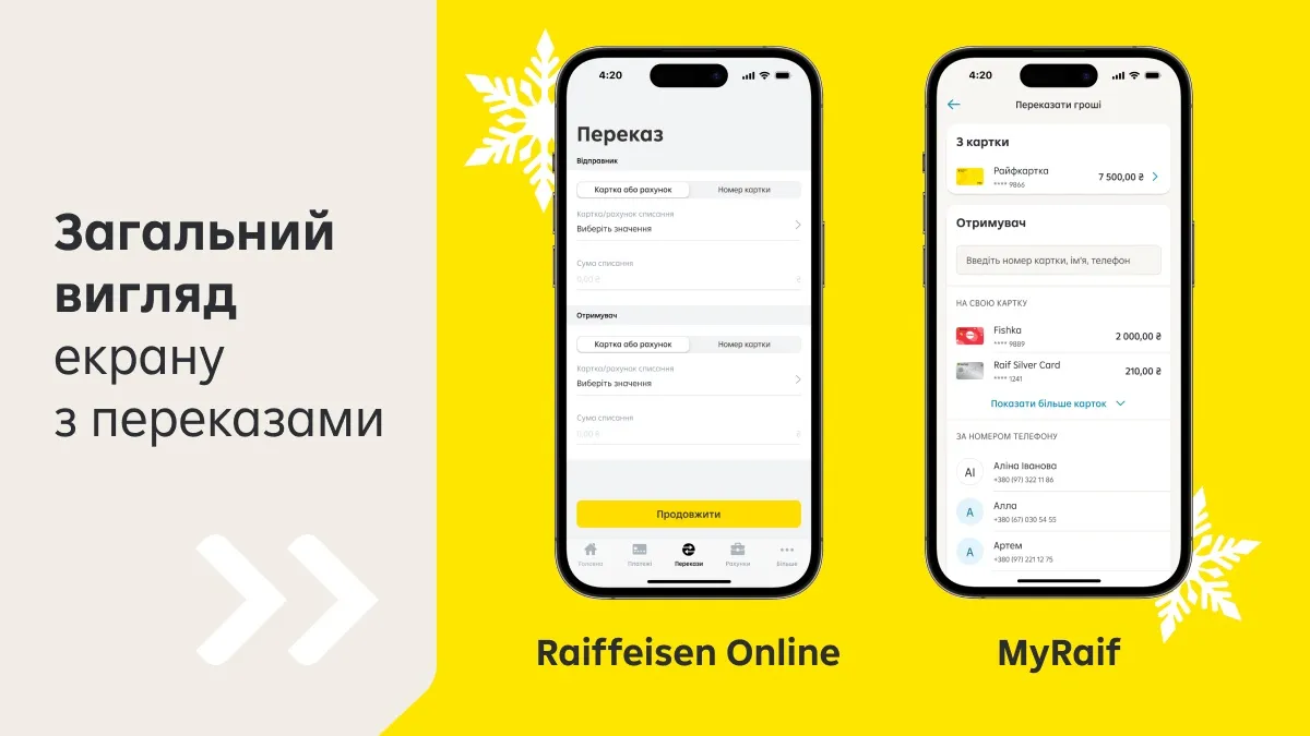 Old and new Raiffeisen card-to-card transfer flows side by side