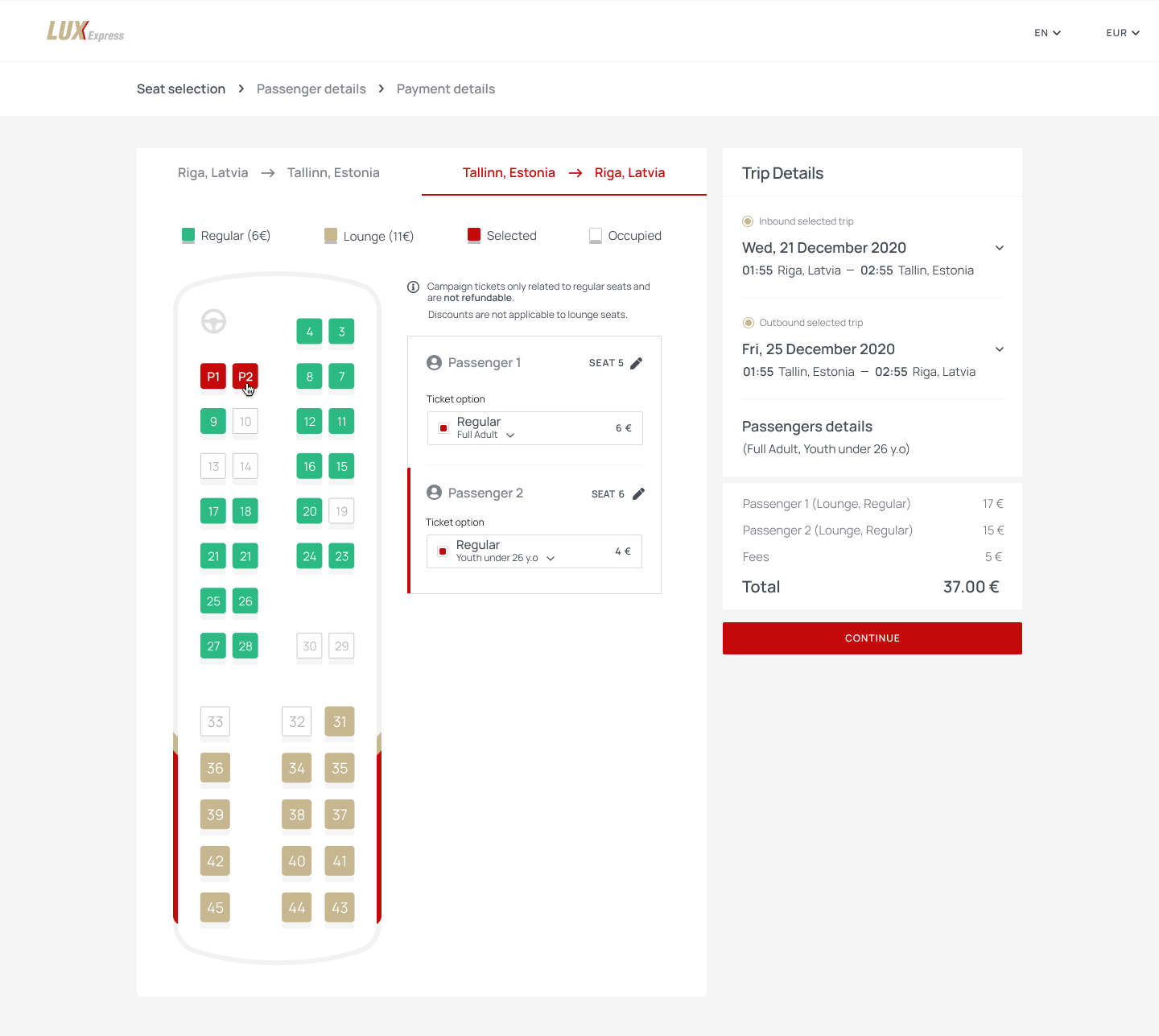 Seat selection with distinct Regular and Lounge sections, a legend and per-passenger ticket options