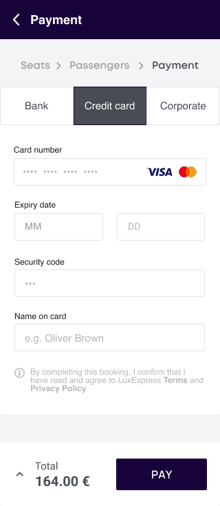 Mobile payment step with bank, credit card and corporate tabs, card fields and total