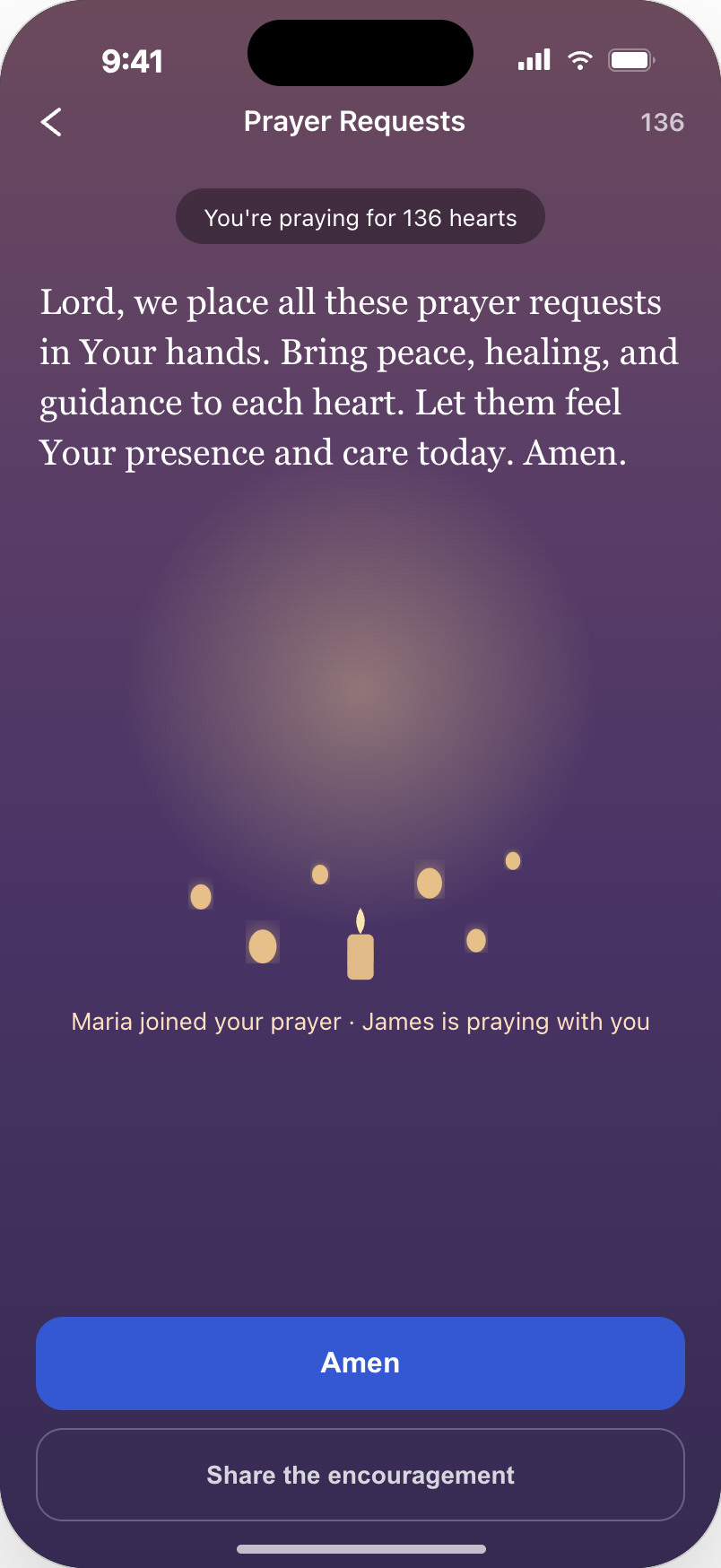Collective prayer screen with many candles and names of people who joined