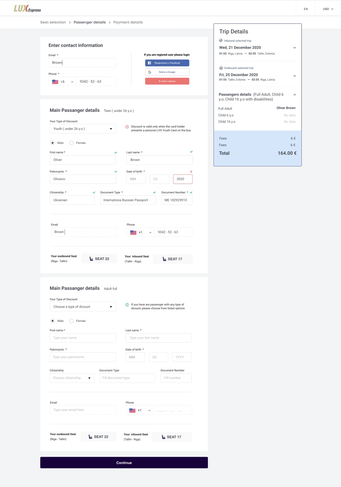International passenger-details step with empty required fields and trip summary