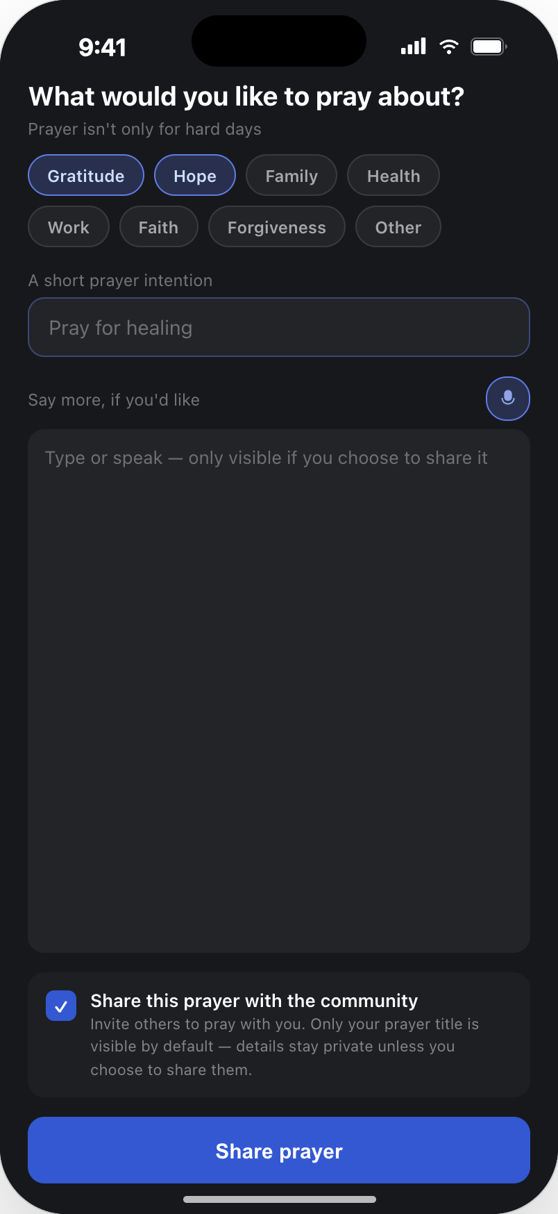 Redesigned single screen with themes, a short intention, optional detail and a sharing checkbox