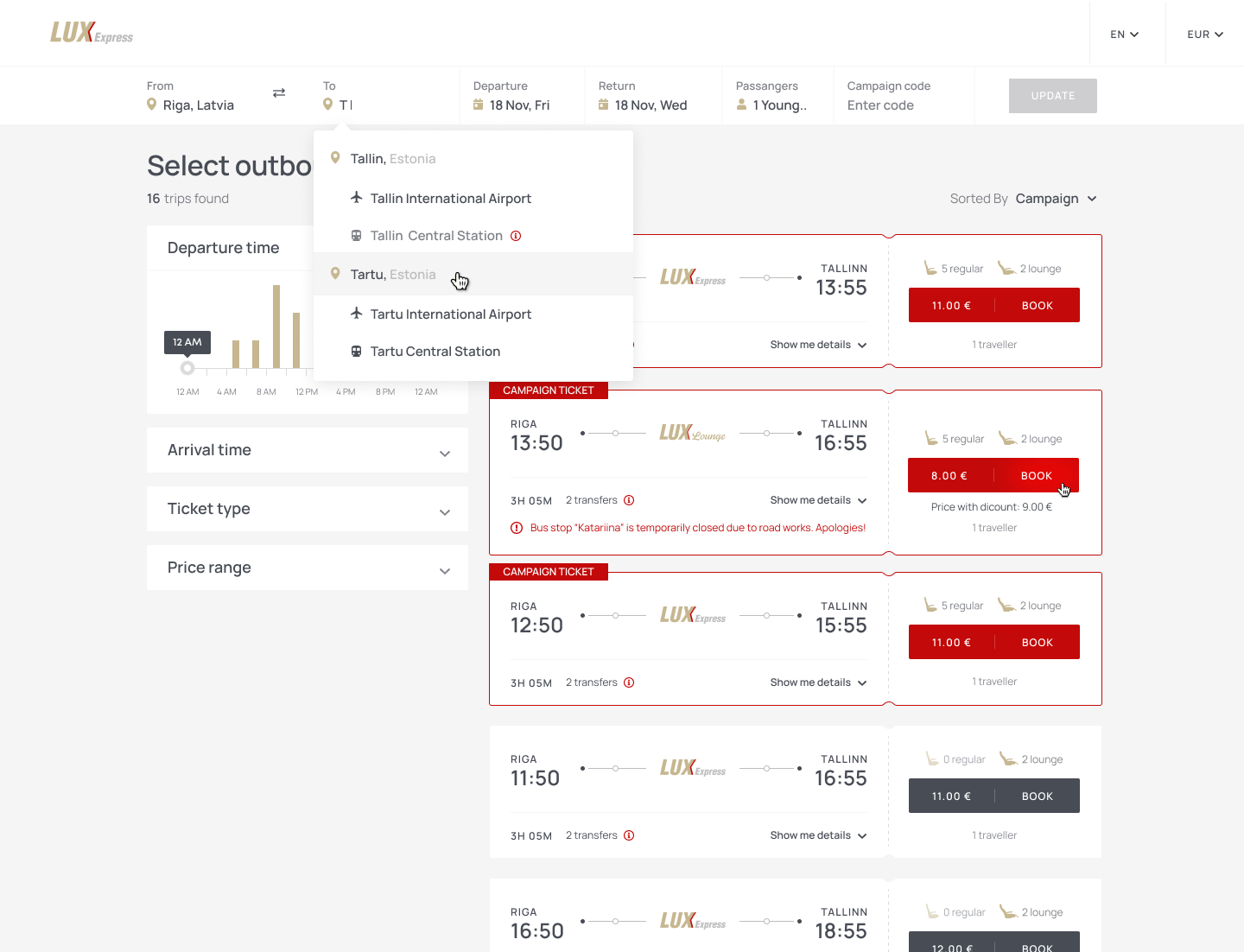 Stop dropdown open over the results list with campaign tickets and a closed-stop warning