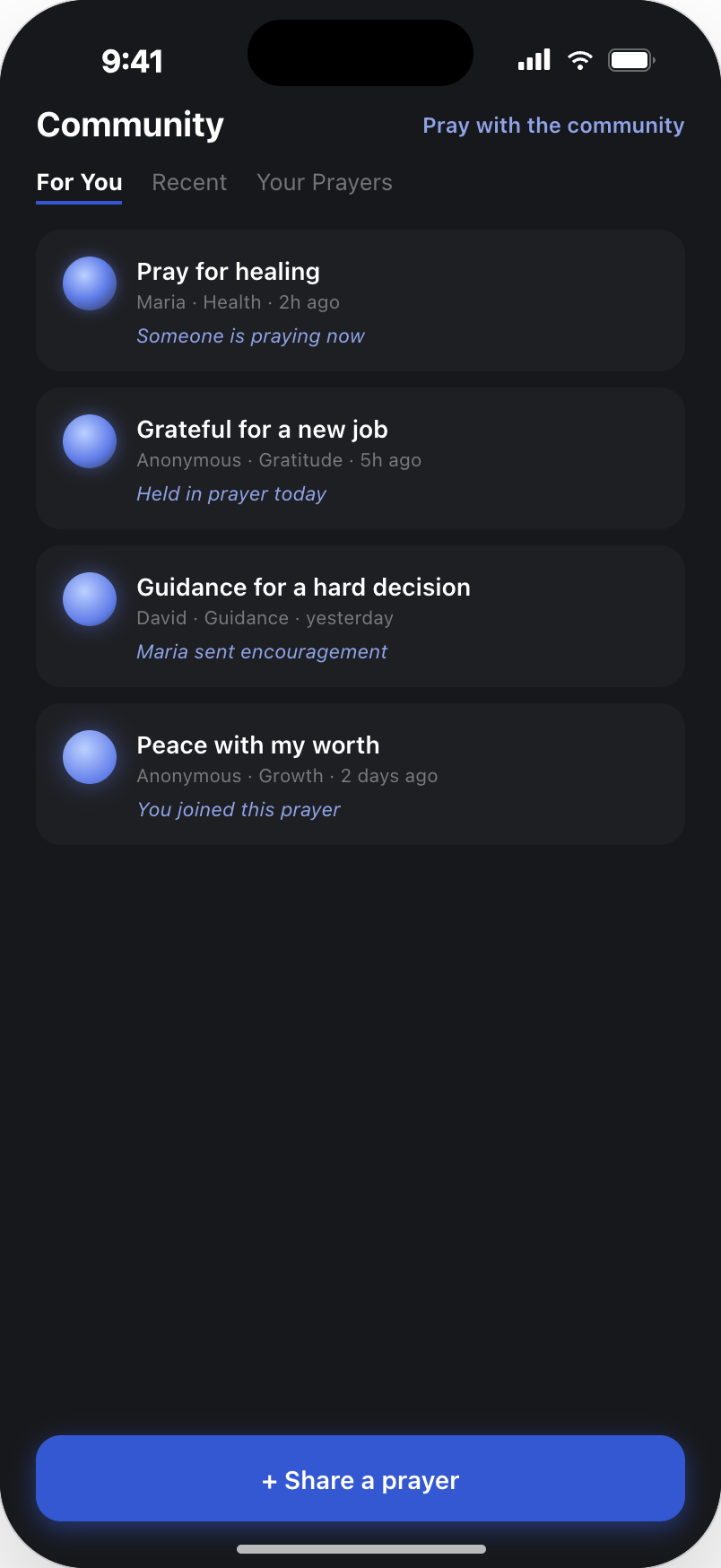 Redesigned community feed with prayer titles, themes and live prayer activity