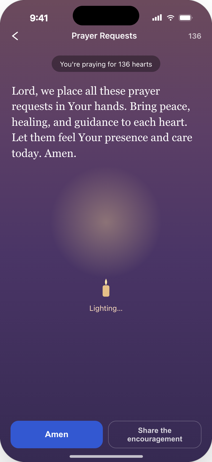 Collective prayer screen with the candle lighting up