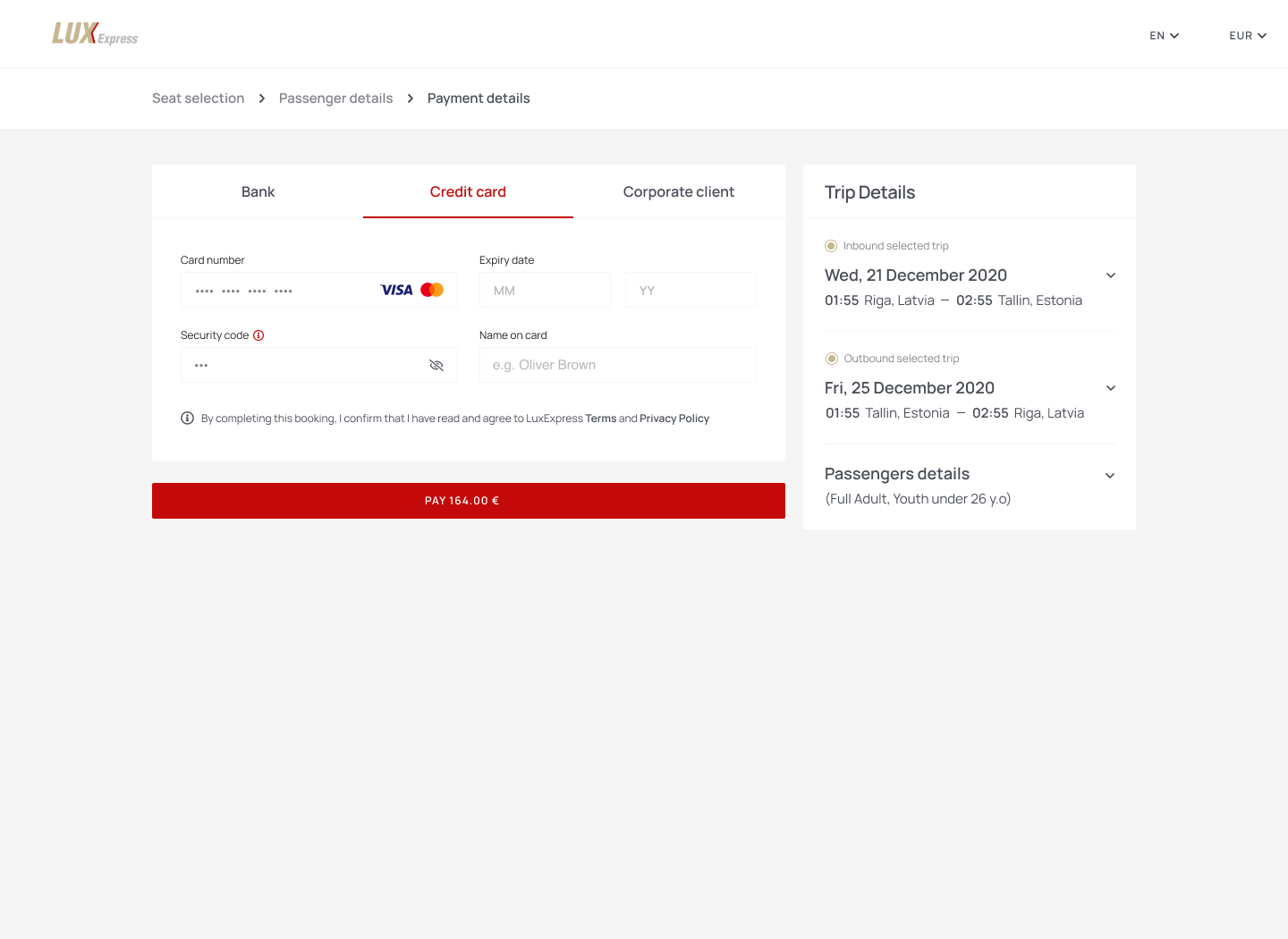 Credit-card payment step with card fields, security code and the trip summary beside it
