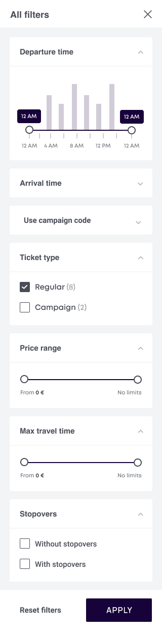 International filters panel with arrival time, campaign code, max travel time and stopovers options