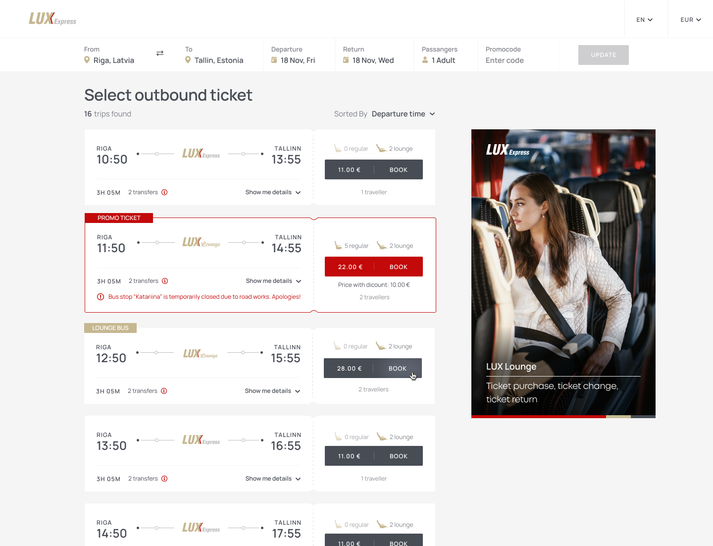 Results list with promo ticket, Lounge bus tag and a Lounge service panel