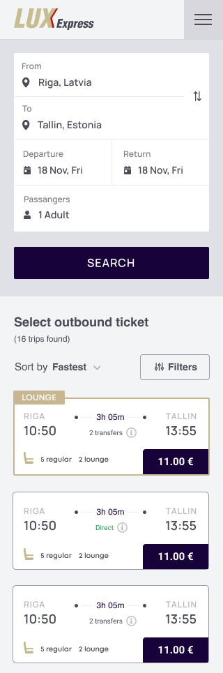 Mobile search results with sort control, filters button and outbound ticket cards showing times, transfers and price