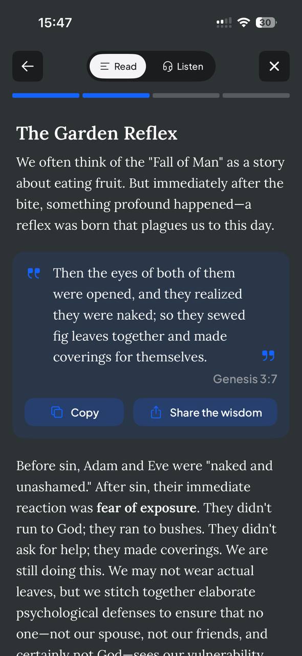 Devotional reading screen with a Scripture quote card