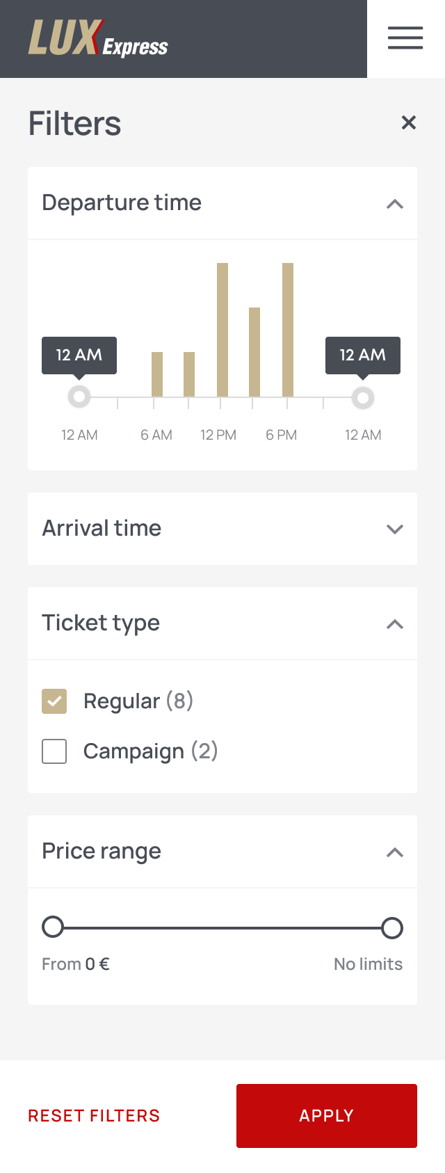 Mobile filters sheet with departure-time histogram, ticket type, price range, reset and apply actions