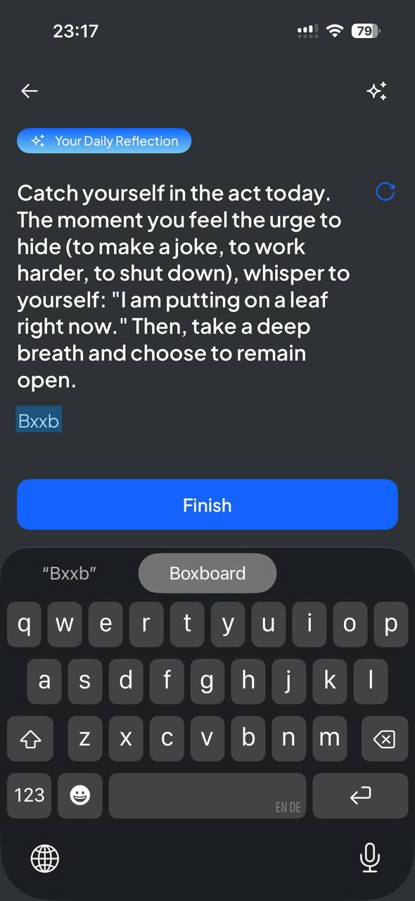 Reflection screen with text typed and Finish action active