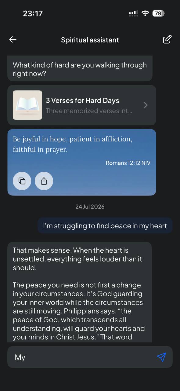 Spiritual assistant conversation answering with Scripture