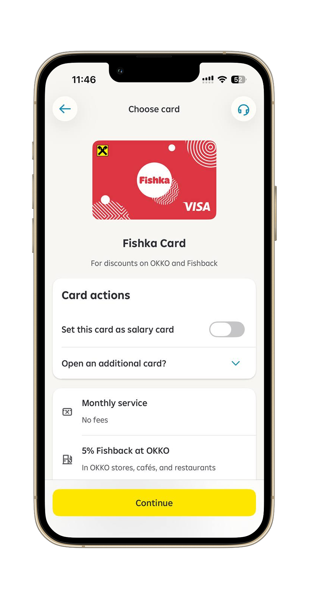 Raiffeisen onboarding — Choose card step with Fishka card details