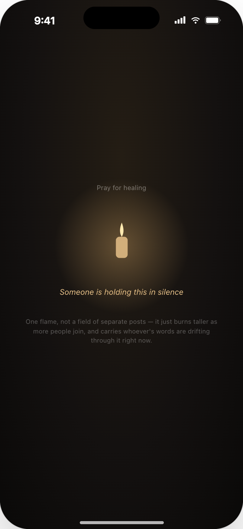 Single candle flame screen with the message someone is holding this in silence