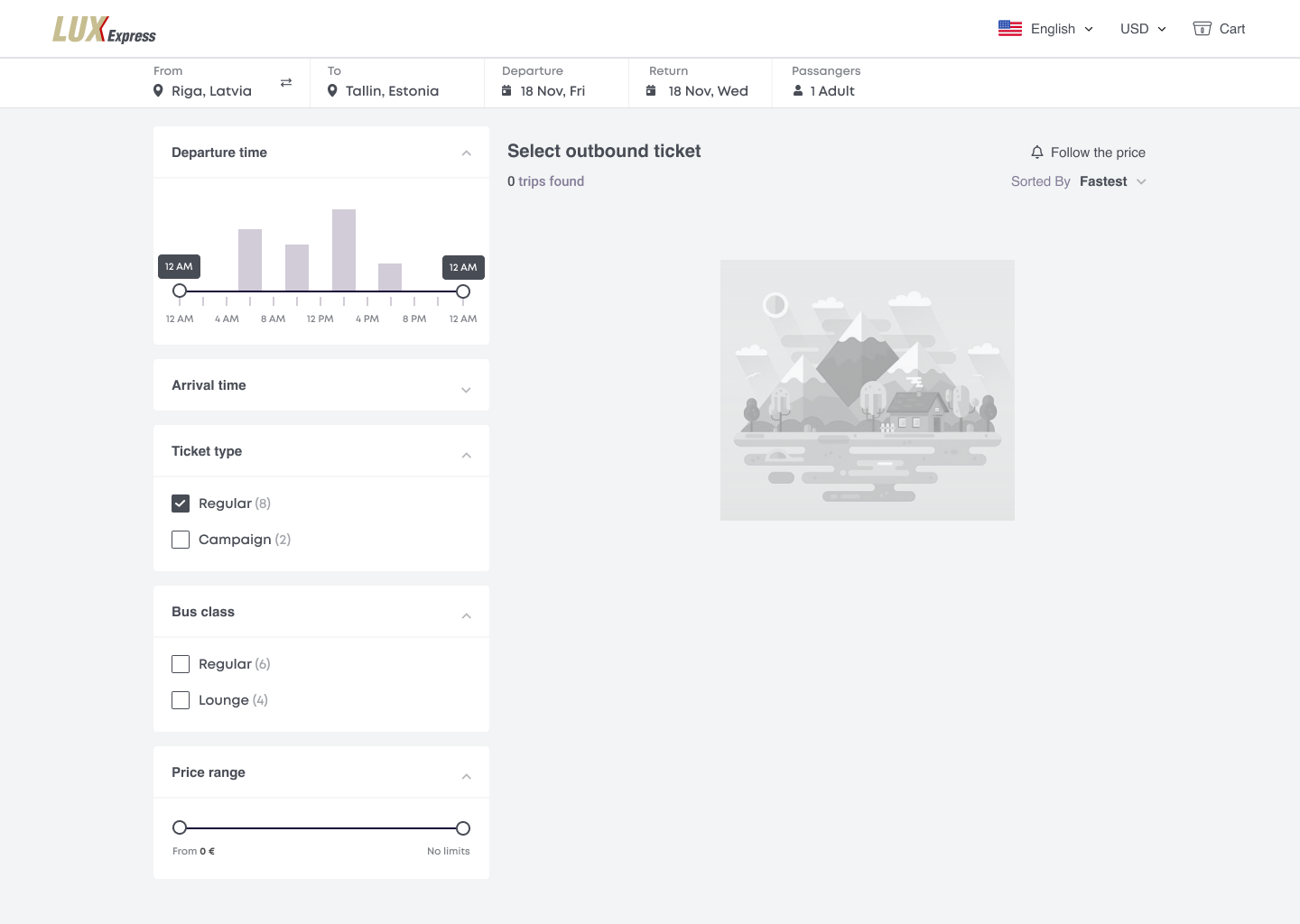 Grayscale search-results layout with departure-time, ticket-type, bus-class and price filters and an empty state