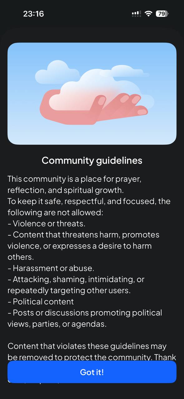 Community guidelines screen shown before posting