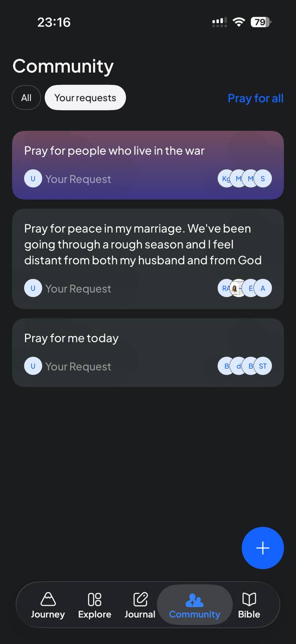 Your requests view with the user's own prayer requests