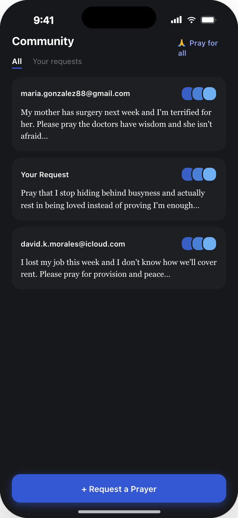 Original community feed showing full request text and email addresses