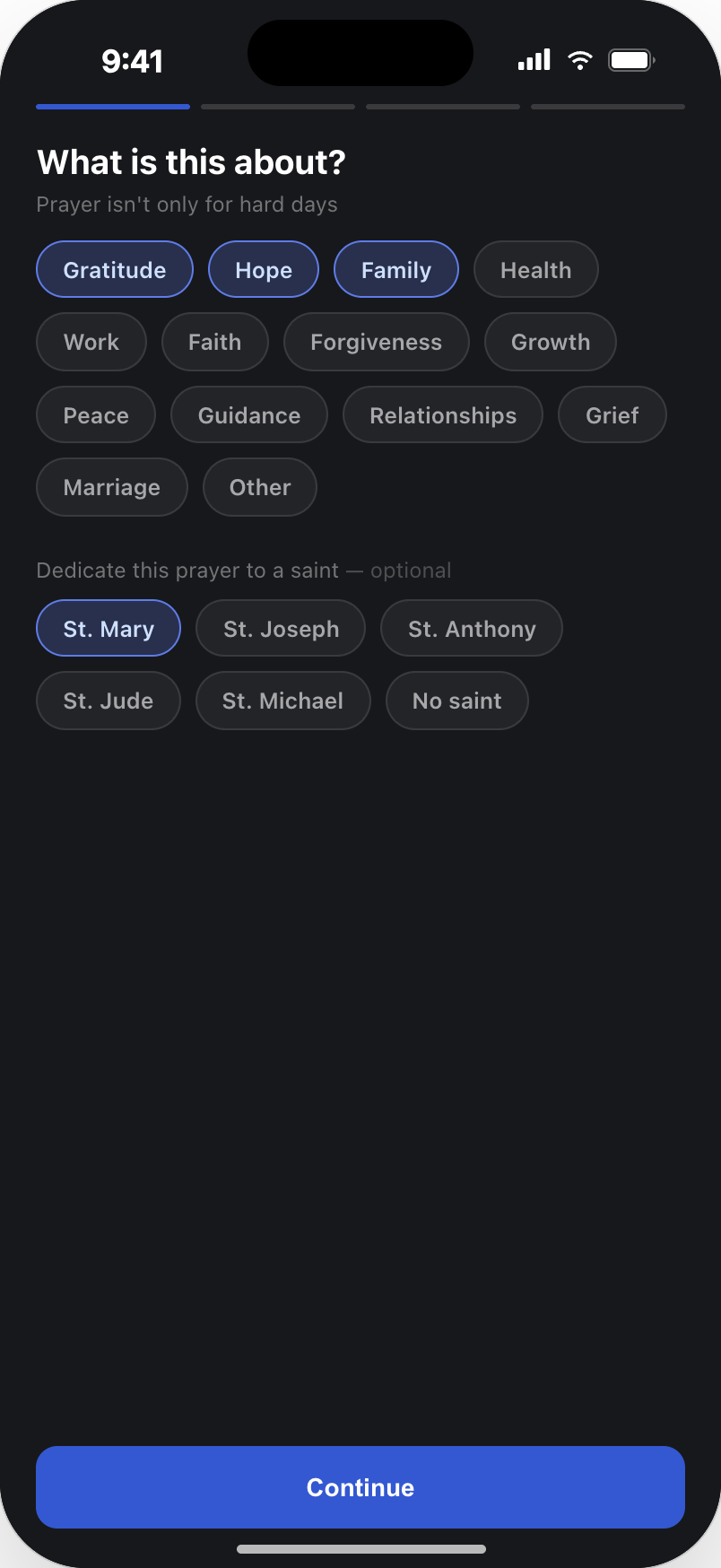 Step one: choosing a prayer theme and an optional saint
