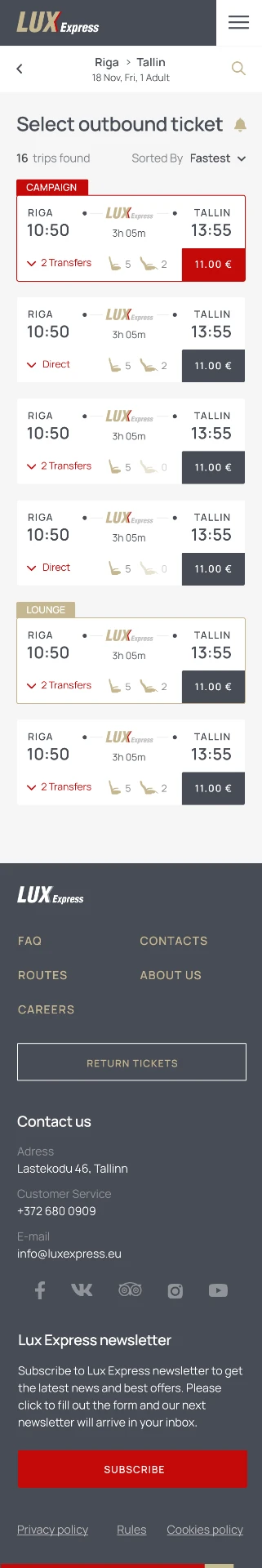Mobile search results with campaign and lounge labelled tickets, sort control and trip count