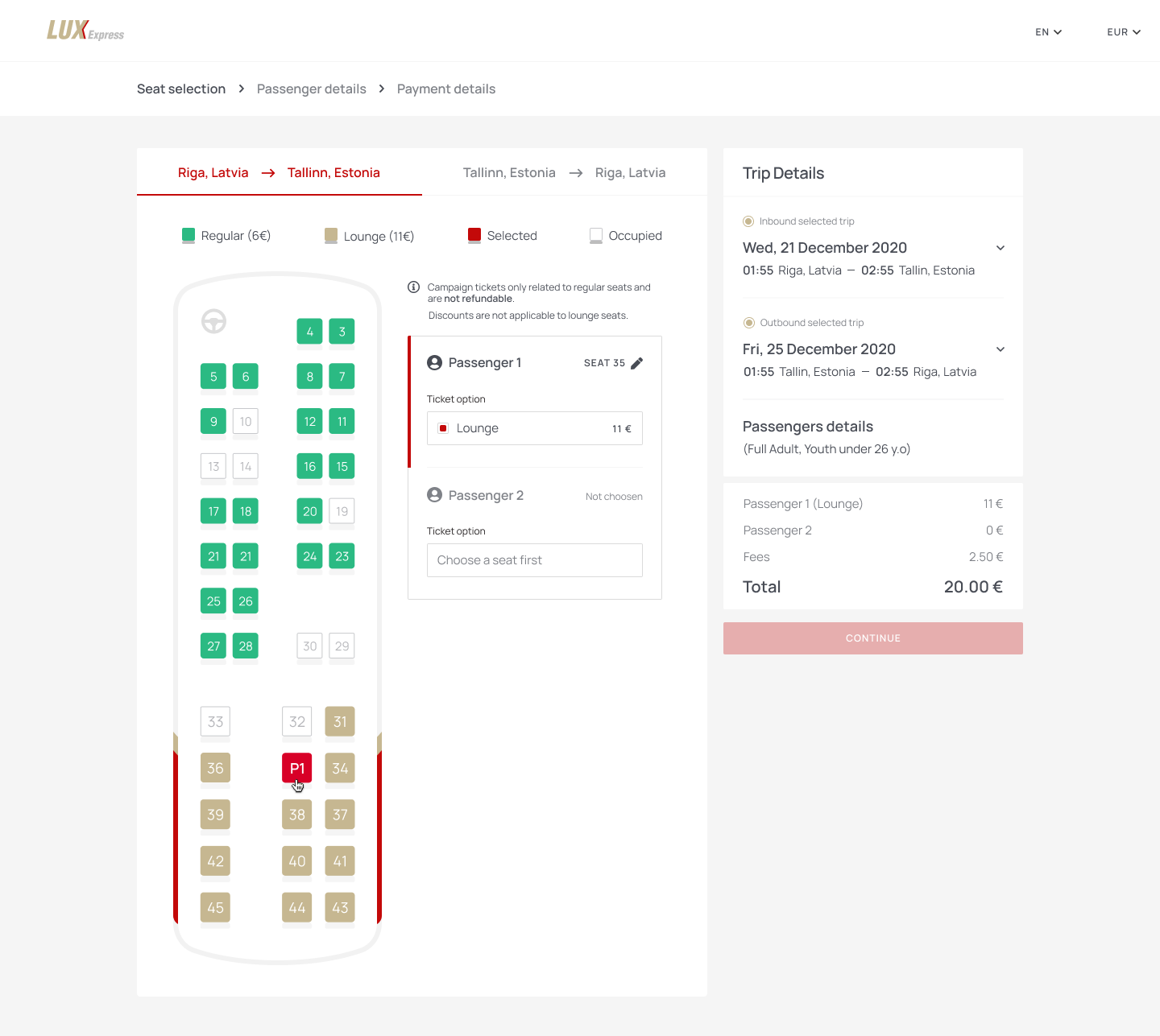 Desktop seat selection with regular and lounge legend, bus map, passenger ticket options and trip details