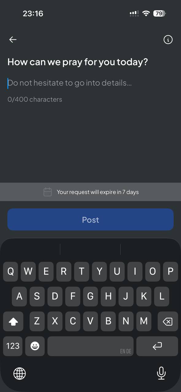 Prayer request composer with 400 character limit and 7 day expiry