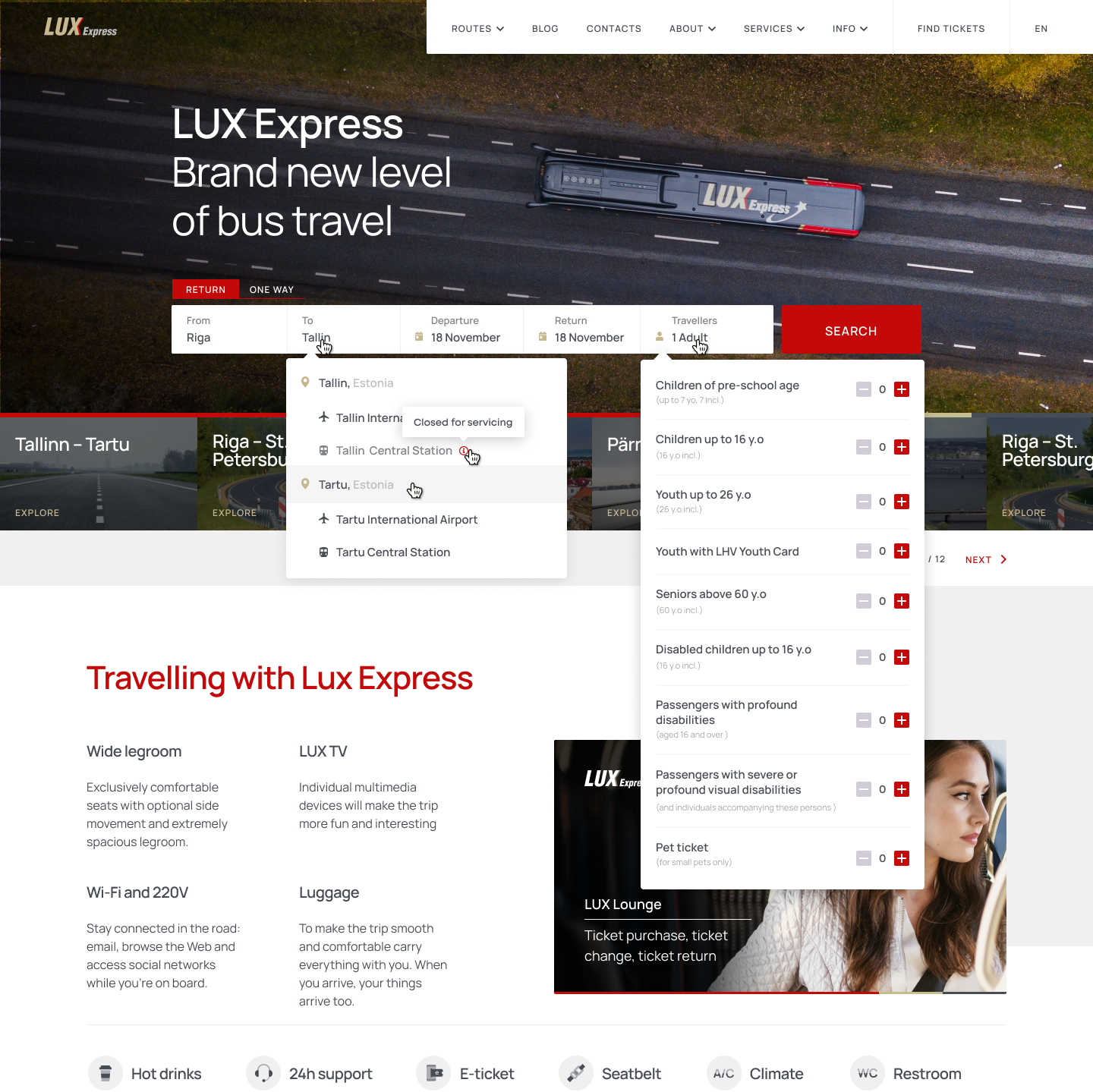 Lux Express search module with the stop list and the passenger-category dropdown open