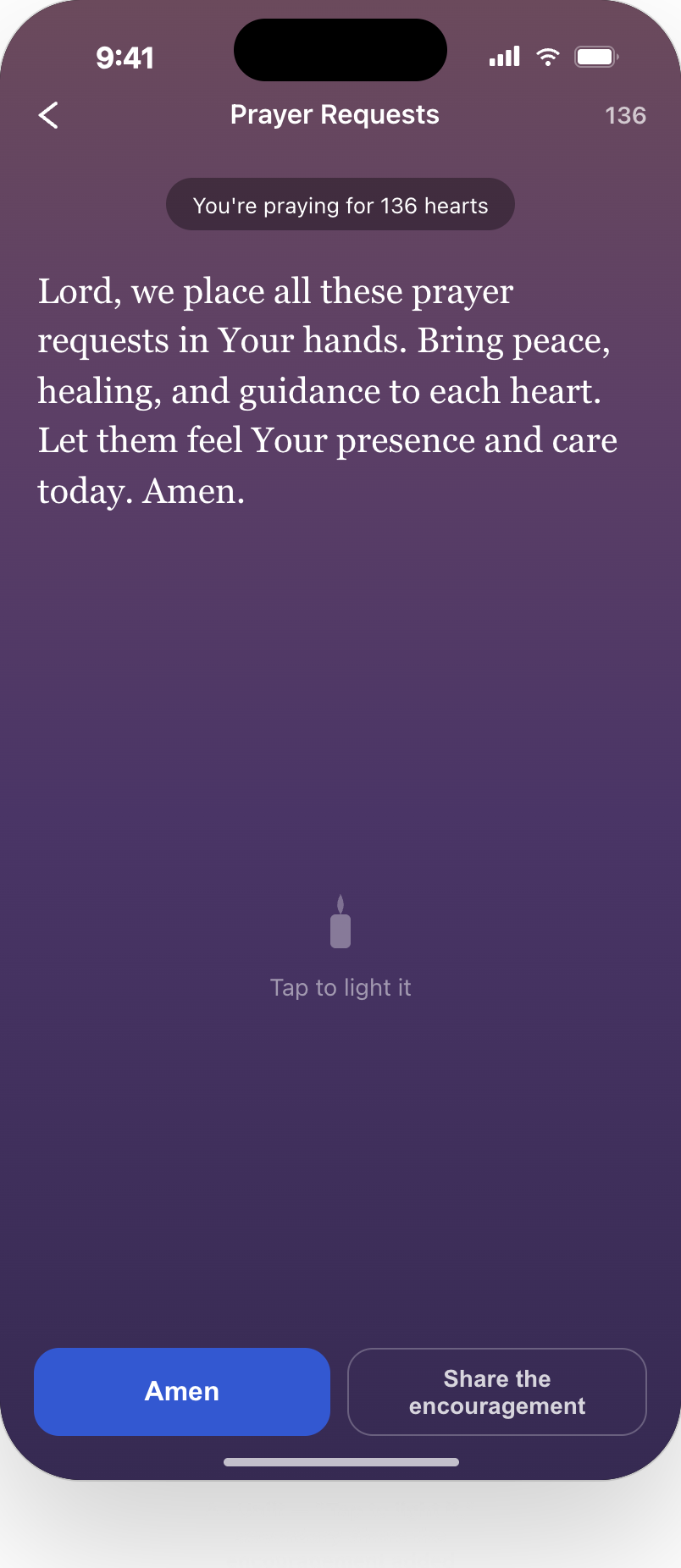 Collective prayer screen with an unlit candle and tap to light it
