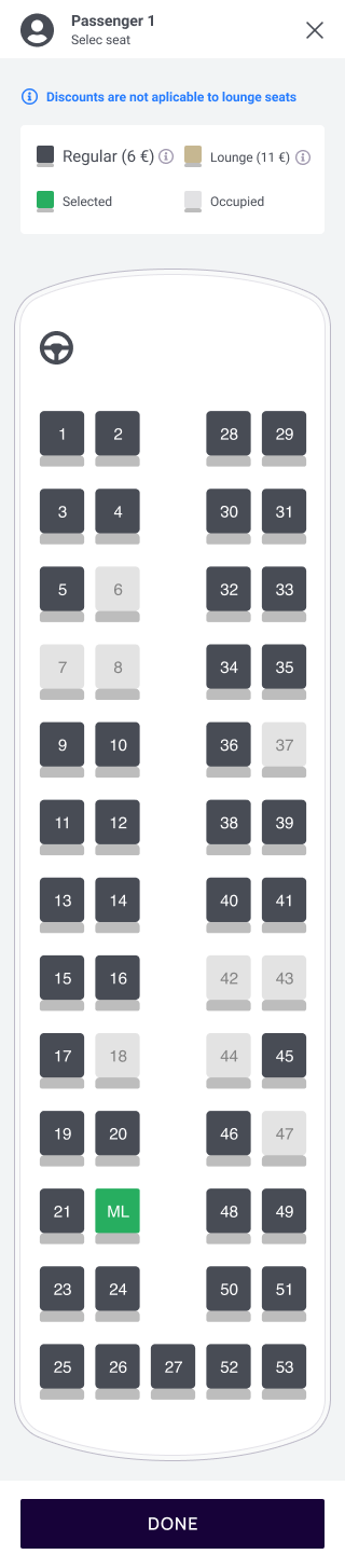 Mobile seat map with a legend, occupied and selected states and a single done action