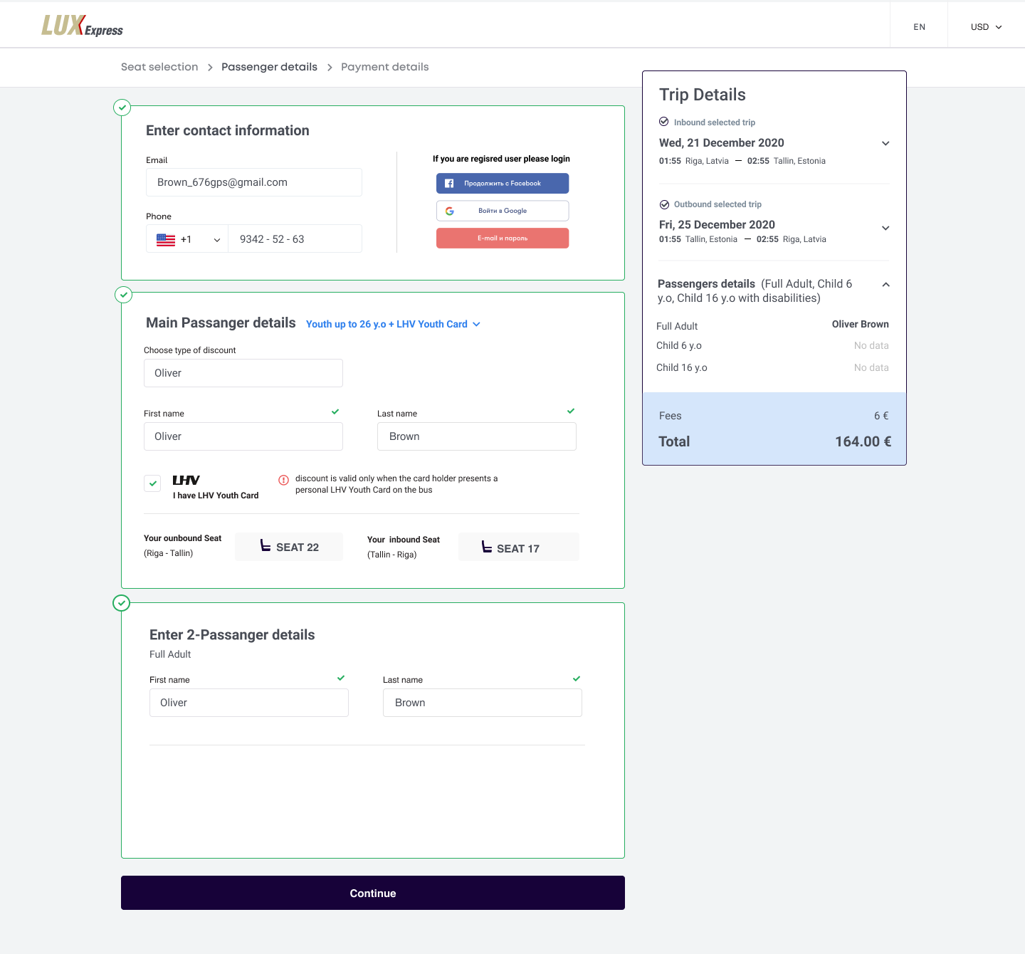 Simplified passenger-details step with validation states, PINS discount confirmation and seat rows