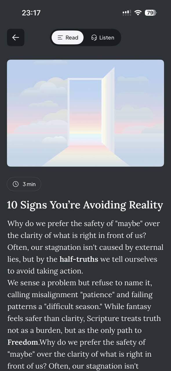 Article reading screen with Read and Listen modes