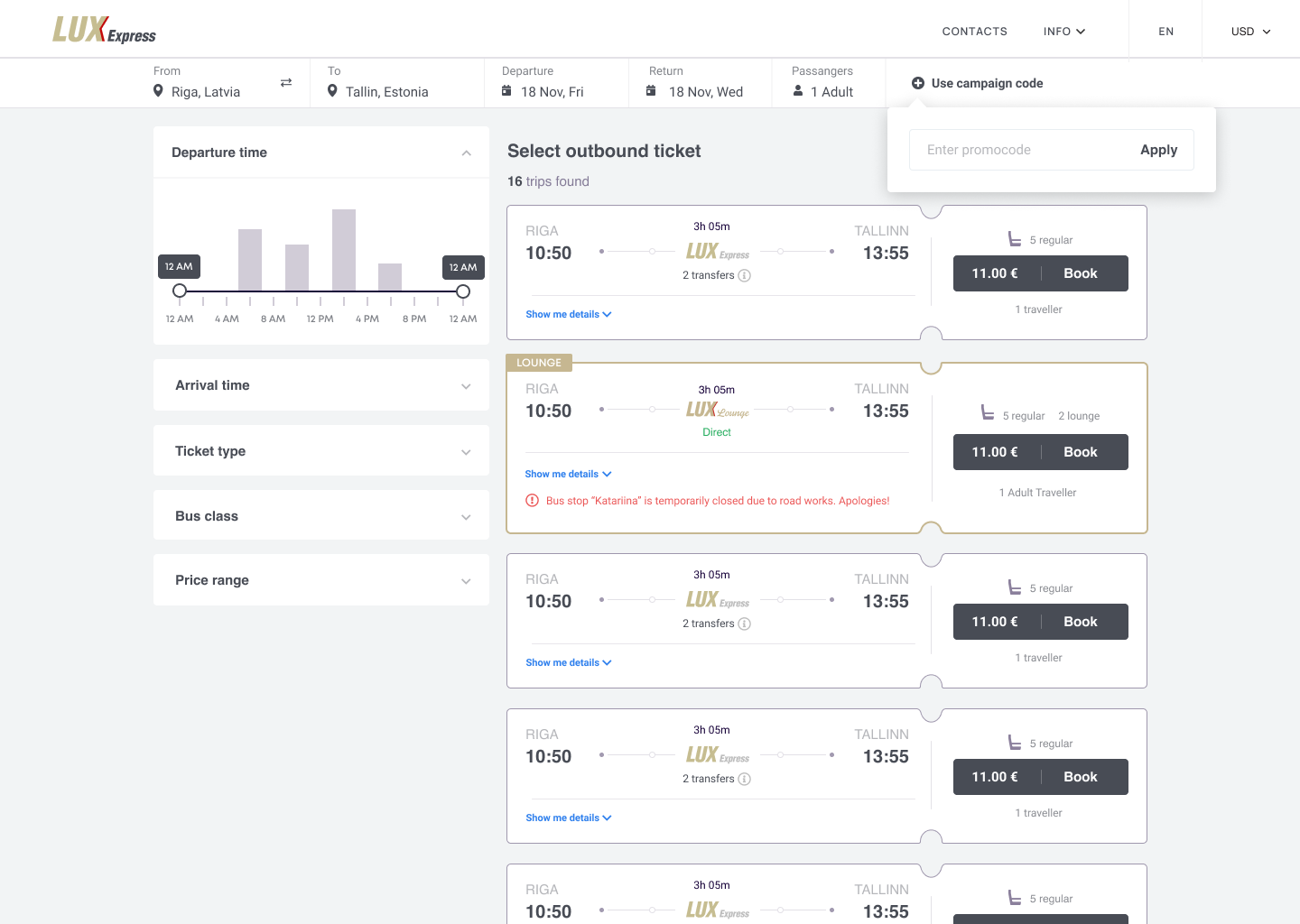Lux Express ticket search results with departure cards and filters