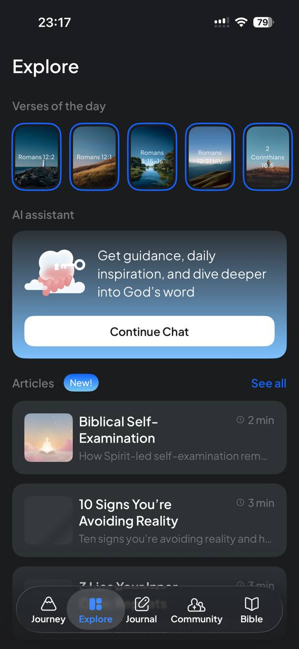Explore tab with verses, AI assistant entry and articles