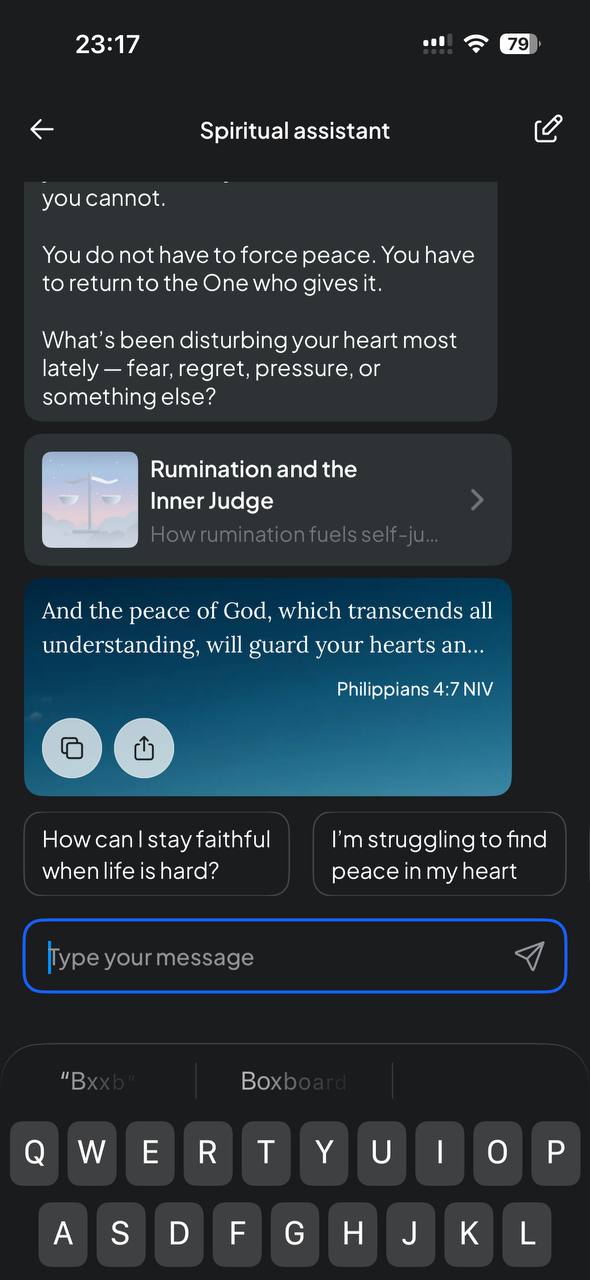 Spiritual assistant with suggested follow-up questions