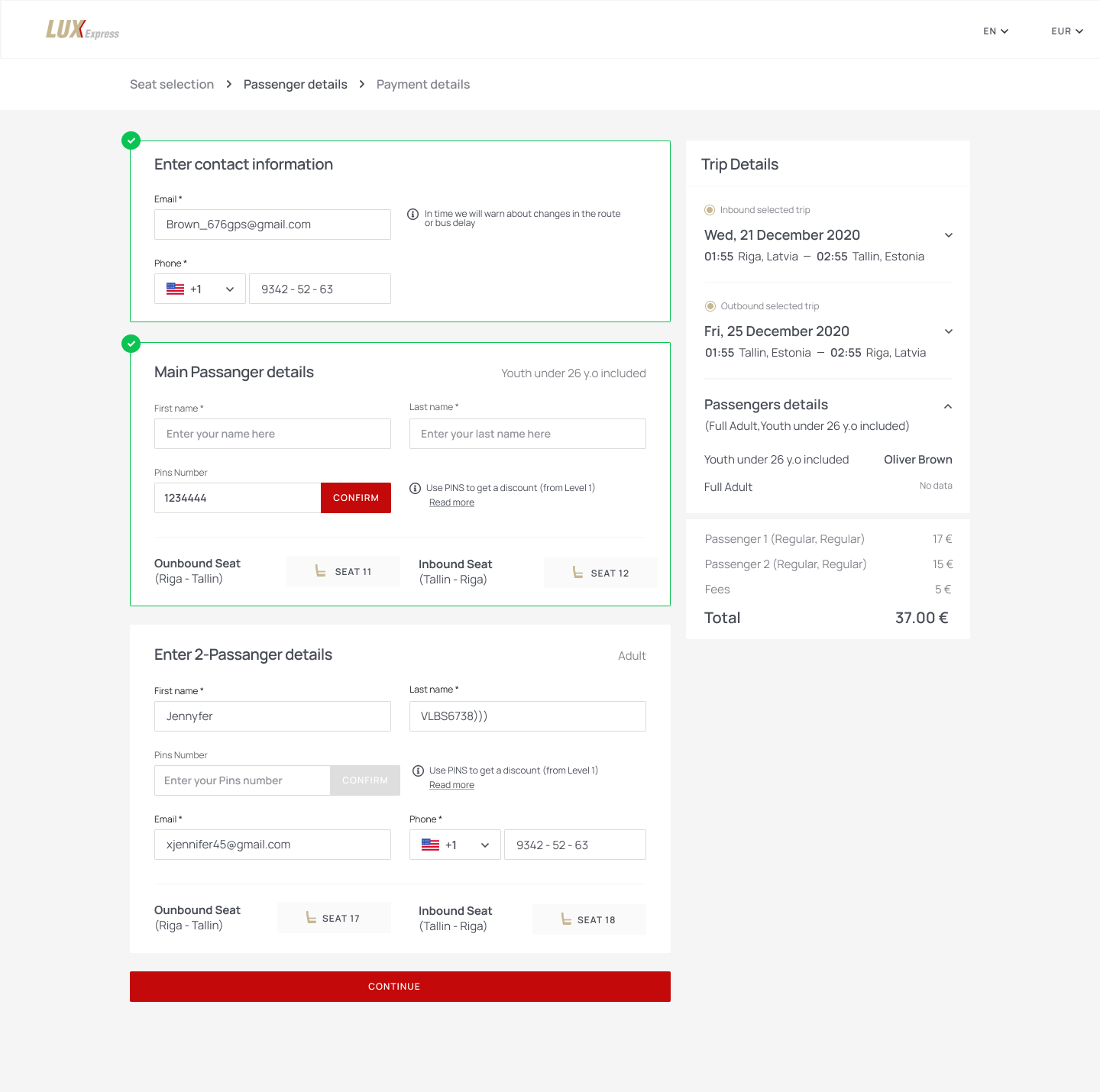 Passenger-details step with contact information, discount type, LHV youth card and seat summary