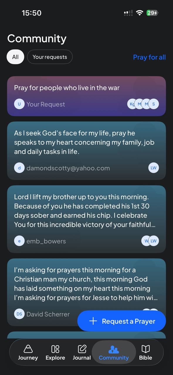 DUOMO app — prayer requests and daily reflection screens