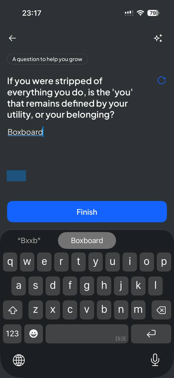 Journal writing screen with a growth question and Finish action