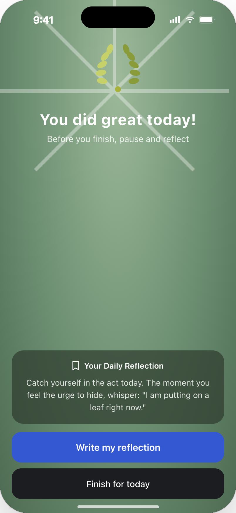 End of day screen with a daily reflection and a write my reflection action