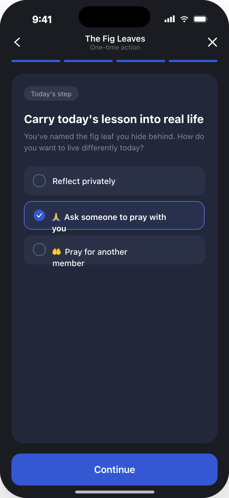 Daily step screen offering to reflect privately, ask someone to pray or pray for another member