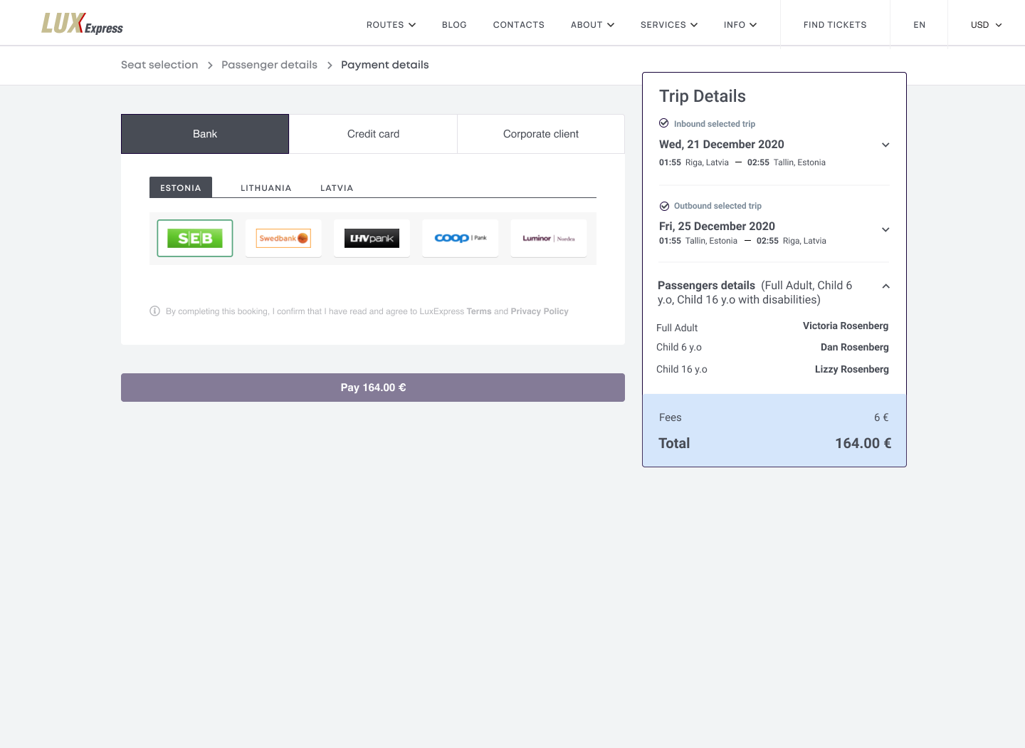 Bank payment step with country tabs, bank selection, terms note and the total in the action