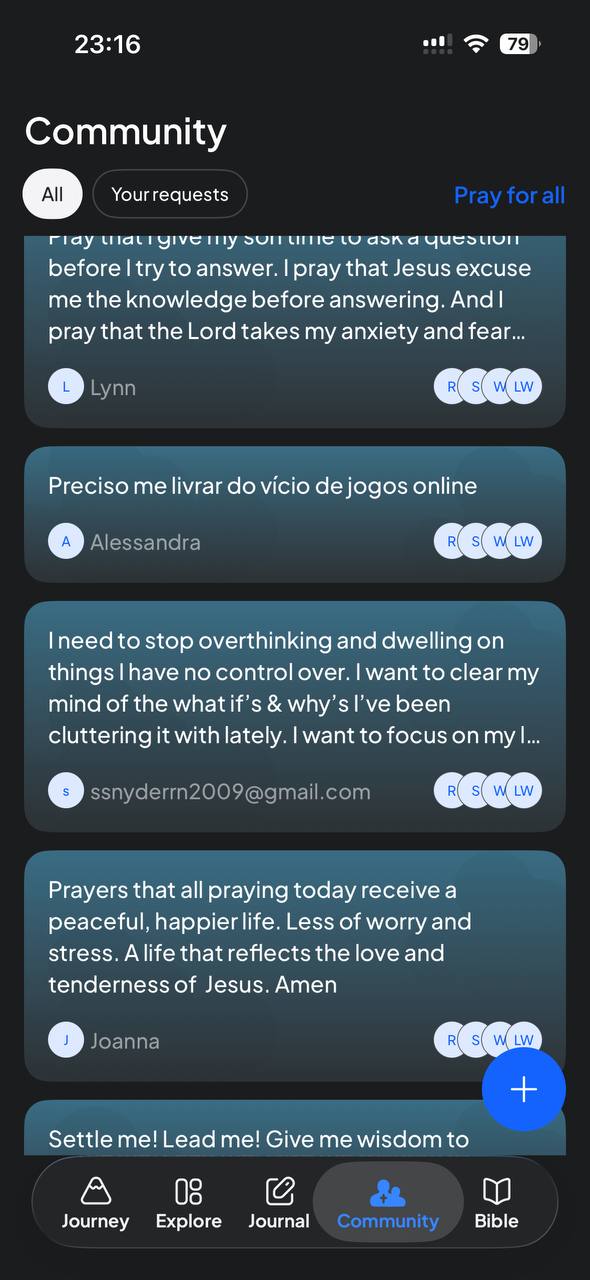 Community feed listing prayer requests from everyone